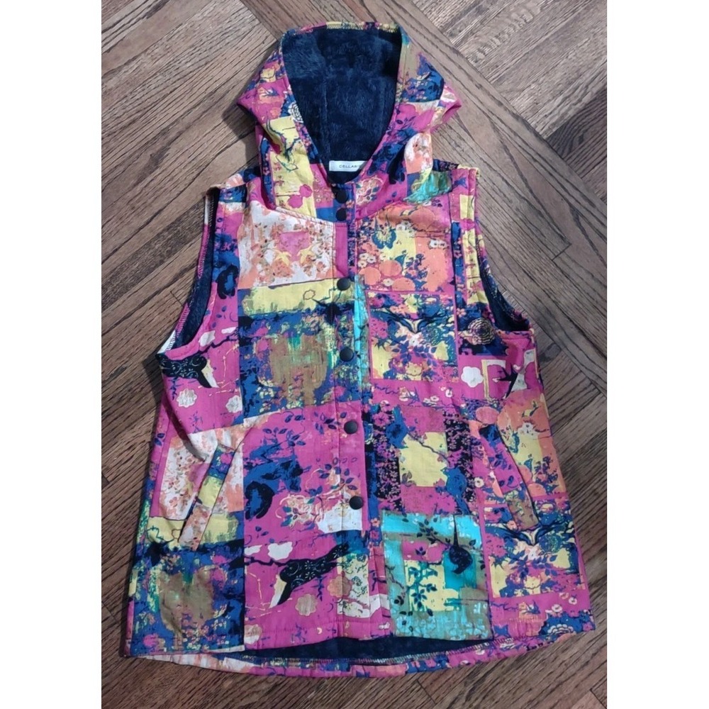 Cellabie Plus Size 2XL Fleece Lined Hooded Vest Patchwork Floral Asian Art Snap